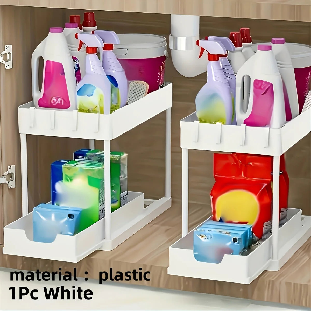 Under Sink Organizer – 2-Tier Sliding Cabinet Storage with Hooks