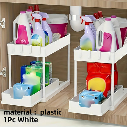 Under Sink Organizer – 2-Tier Sliding Cabinet Storage with Hooks