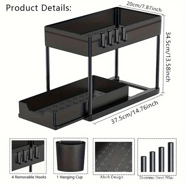 Under Sink Organizer – 2-Tier Sliding Cabinet Storage with Hooks