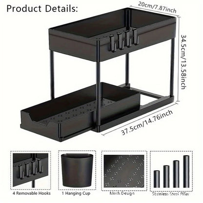 Under Sink Organizer – 2-Tier Sliding Cabinet Storage with Hooks