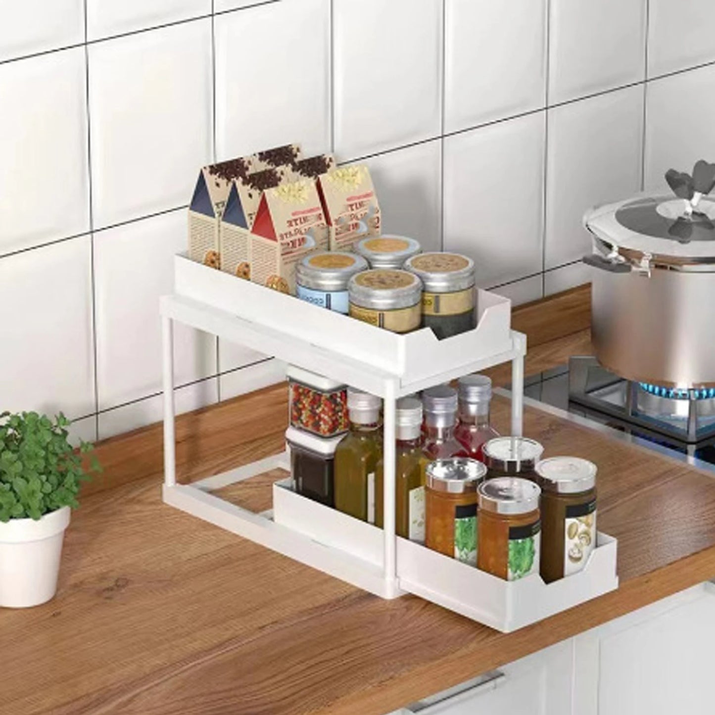 Double-Layer Pull-Out Storage Rack with Hooks