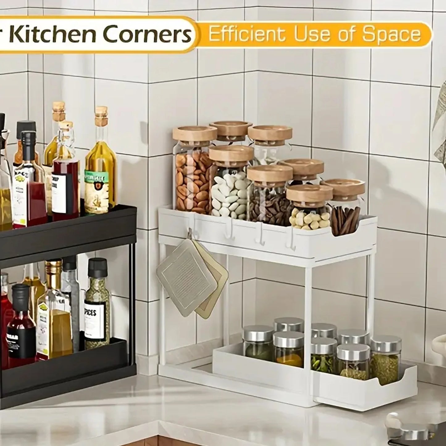 Double-Layer Pull-Out Storage Rack with Hooks