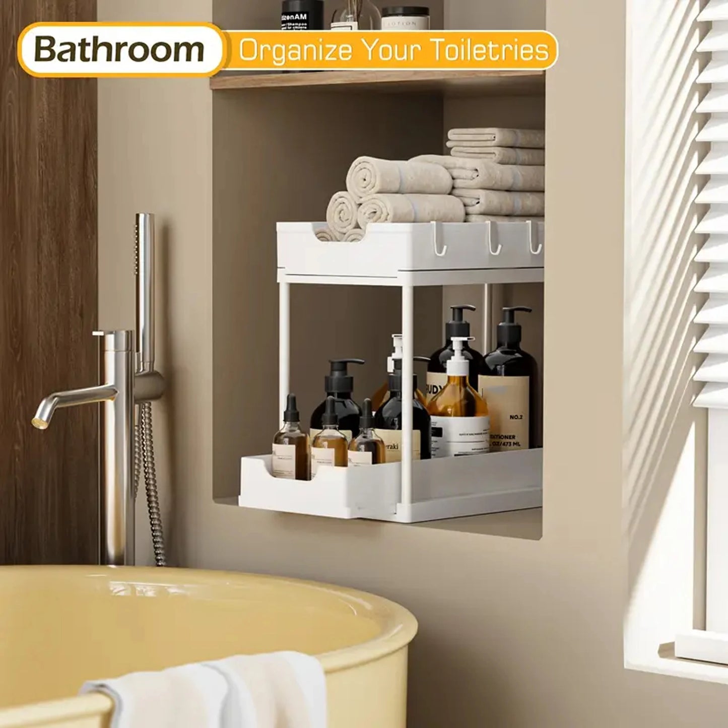 Double-Layer Pull-Out Storage Rack with Hooks