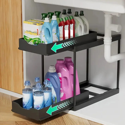 Double-Layer Pull-Out Storage Rack with Hooks