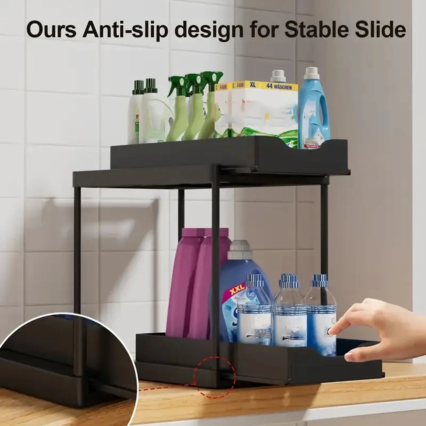 Double-Layer Pull-Out Storage Rack with Hooks
