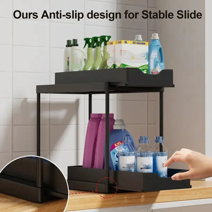 Double-Layer Pull-Out Storage Rack with Hooks