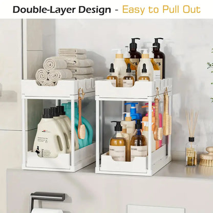 Double-Layer Pull-Out Storage Rack with Hooks