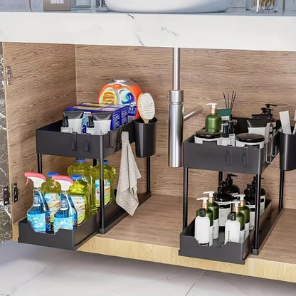 Under Sink Organizer – 2-Tier Sliding Cabinet Storage with Hooks