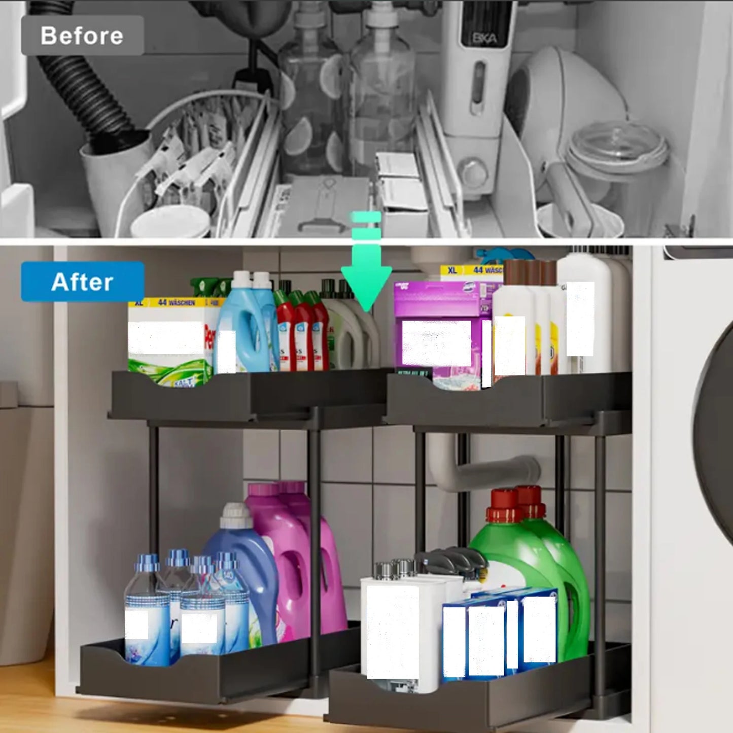 Double-Layer Pull-Out Storage Rack with Hooks