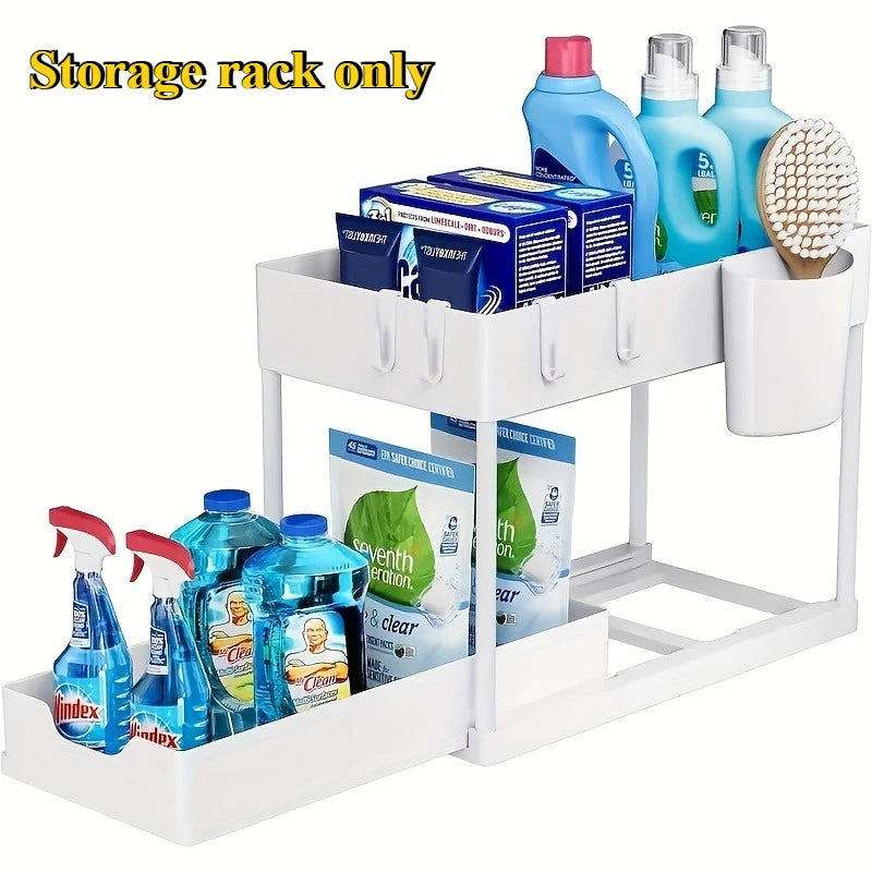 Under Sink Organizer – 2-Tier Sliding Cabinet Storage with Hooks