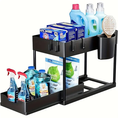 Under Sink Organizer – 2-Tier Sliding Cabinet Storage with Hooks