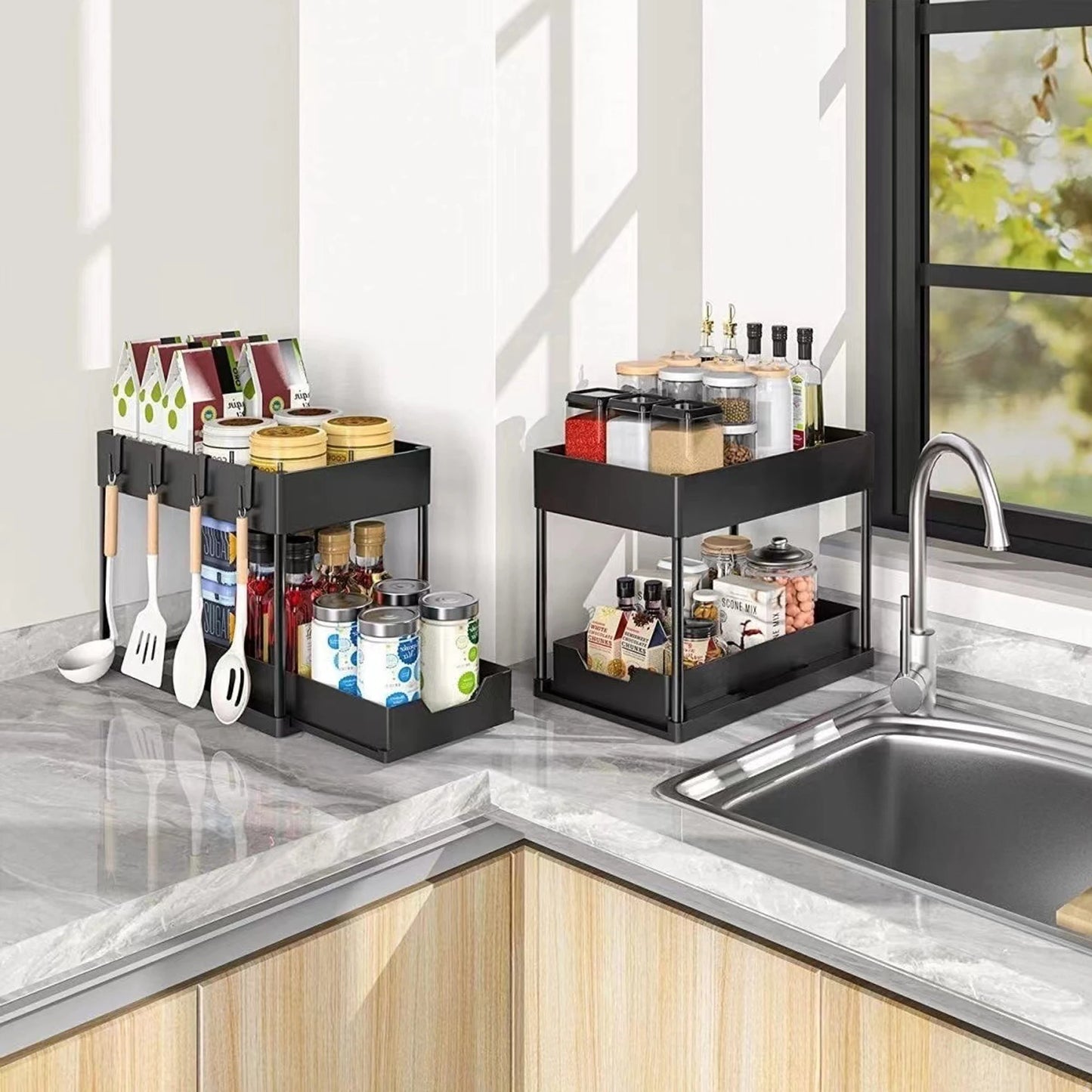 Double-Layer Pull-Out Storage Rack with Hooks