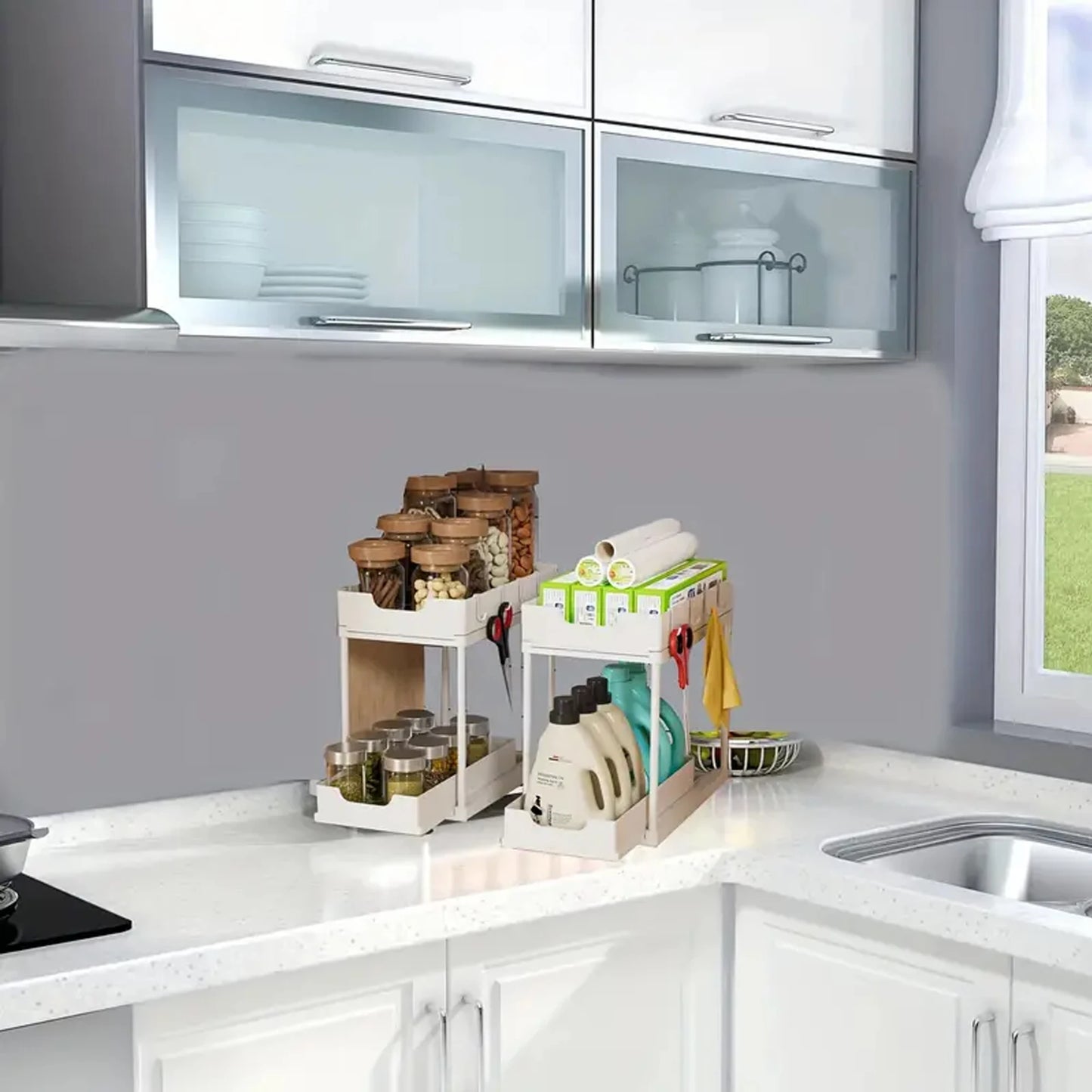 Double-Layer Pull-Out Storage Rack with Hooks