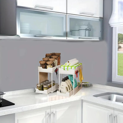 Double-Layer Pull-Out Storage Rack with Hooks