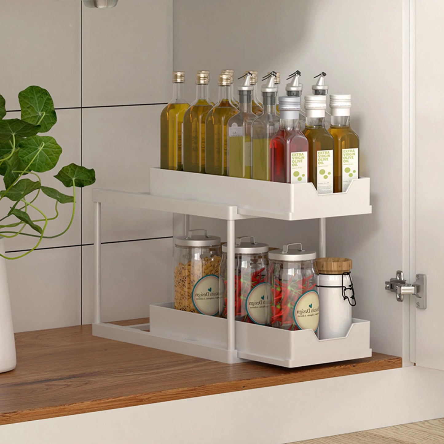 Double-Layer Pull-Out Storage Rack with Hooks