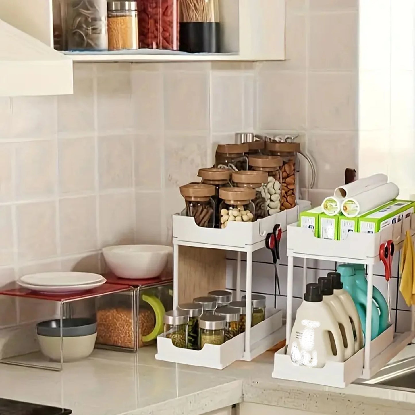 Double-Layer Pull-Out Storage Rack with Hooks