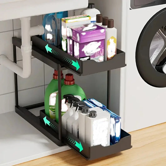 Double-Layer Pull-Out Storage Rack with Hooks
