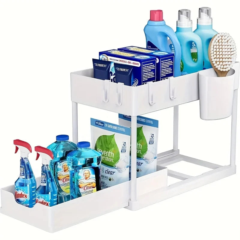 Under Sink Organizer – 2-Tier Sliding Cabinet Storage with Hooks