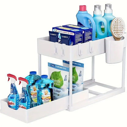Under Sink Organizer – 2-Tier Sliding Cabinet Storage with Hooks