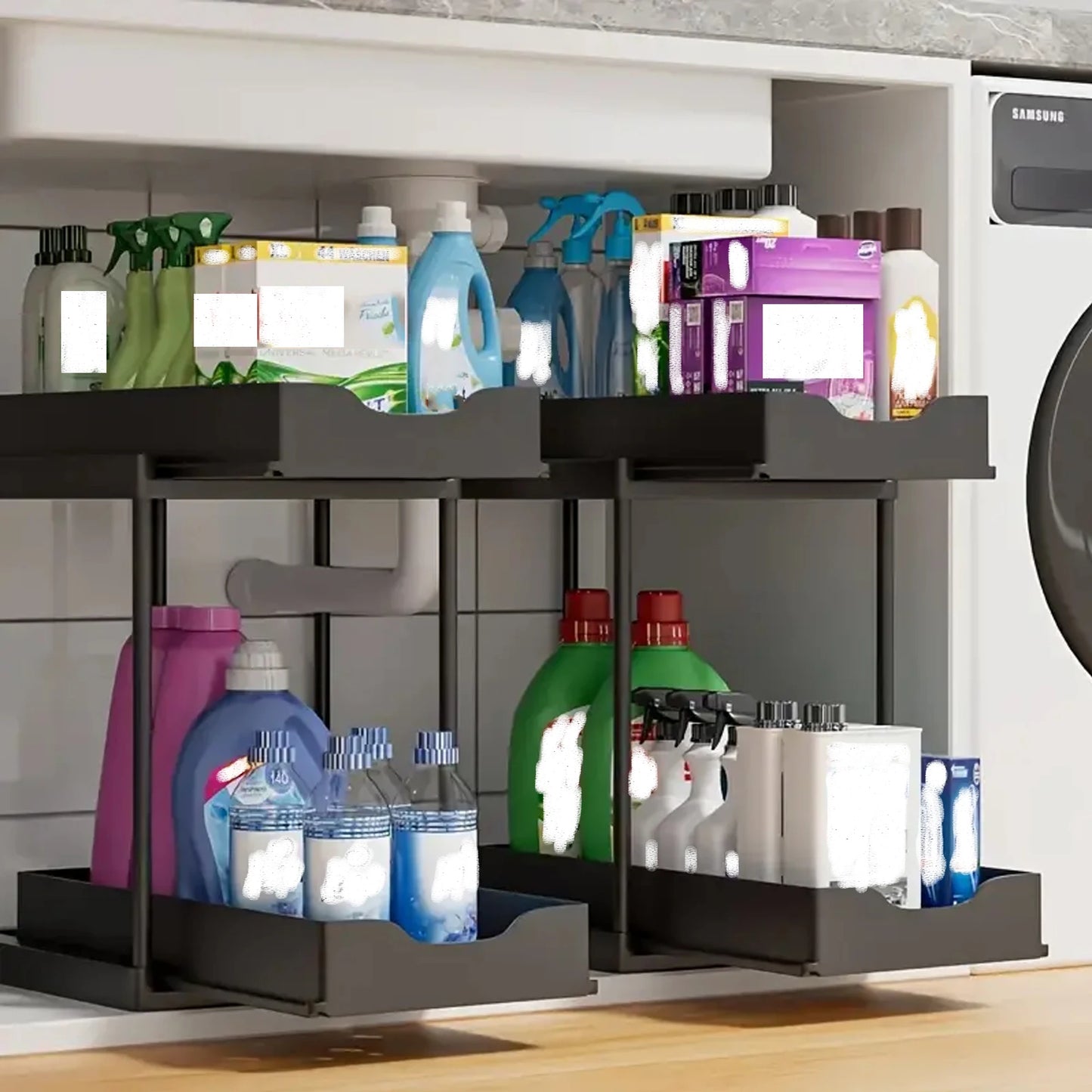 Double-Layer Pull-Out Storage Rack with Hooks