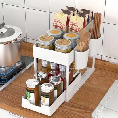 Double-Layer Pull-Out Storage Rack with Hooks
