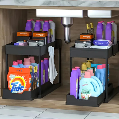 Under Sink Organizer – 2-Tier Sliding Cabinet Storage with Hooks