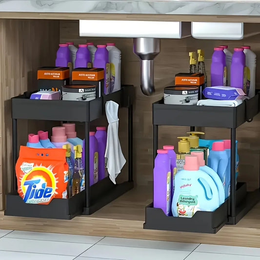 Under Sink Organizer – 2-Tier Sliding Cabinet Storage with Hooks