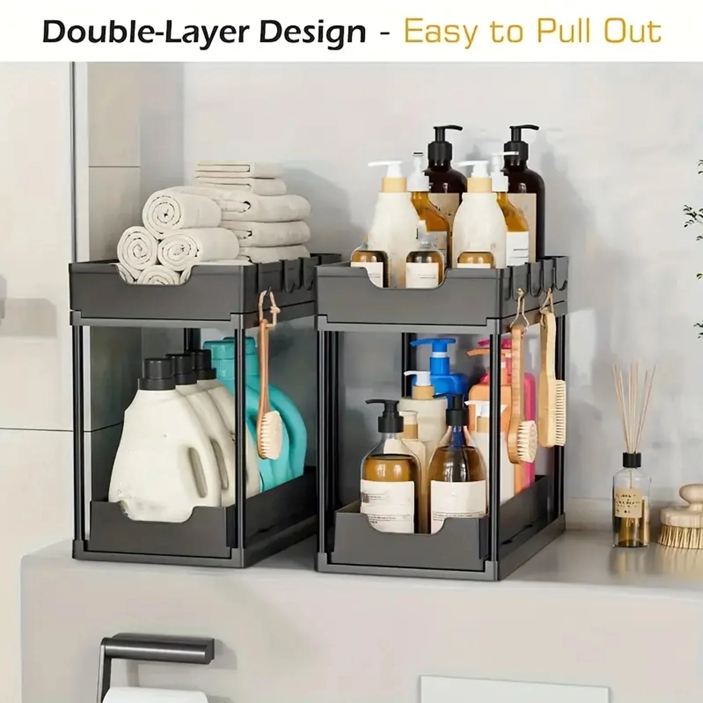 Double-Layer Pull-Out Storage Rack with Hooks