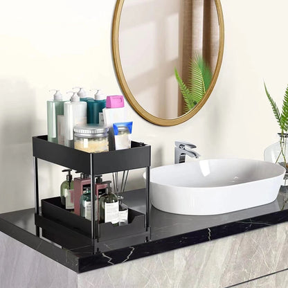 Double-Layer Pull-Out Storage Rack with Hooks