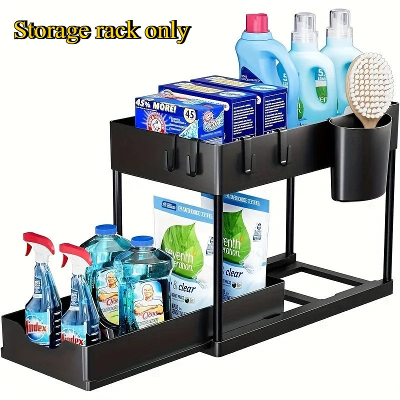 Under Sink Organizer – 2-Tier Sliding Cabinet Storage with Hooks